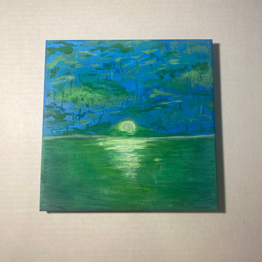 A typical blue sky is subverted with green clouds, acid rain, slime-colored water, and an eerie yellow-green sun setting on the horizon. 