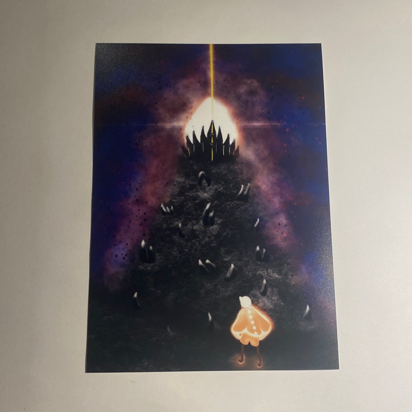 Printed painting of a character based on the game Sky: Children of the Light, standing in front of a large, ominous structure with a bright light above it, similar to the end of the game.