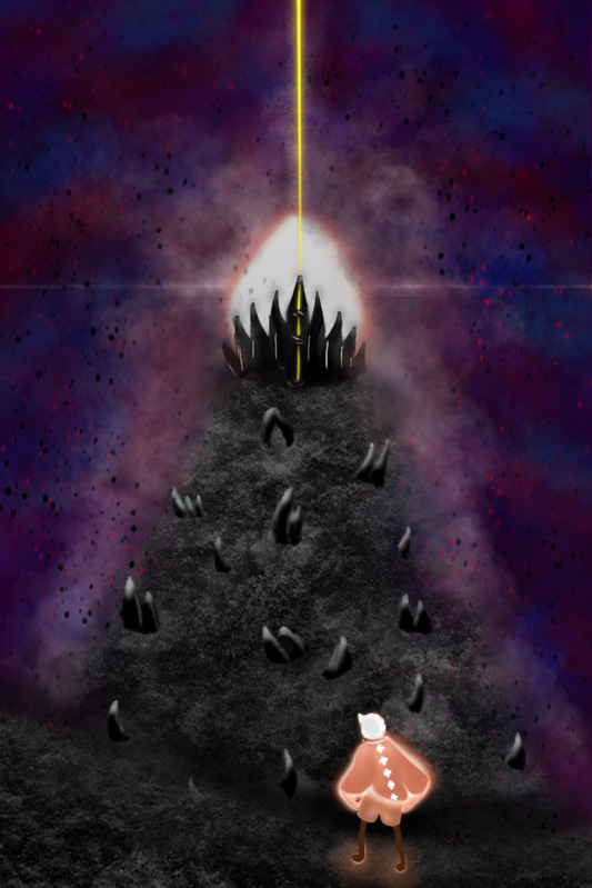 Illustration of a character based on the game Sky: Children of the Light, standing in front of a large, ominous structure with a bright light above it, similar to the end of the game.