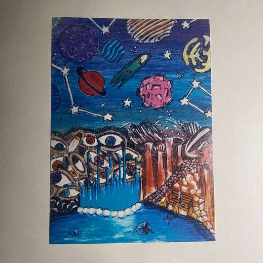 This wacky painting is a multi-media creation including planets, a waterfall made of eyes, and mushrooms as tall as redwood trees. Uses marker, pen, colored pencil, gel pen