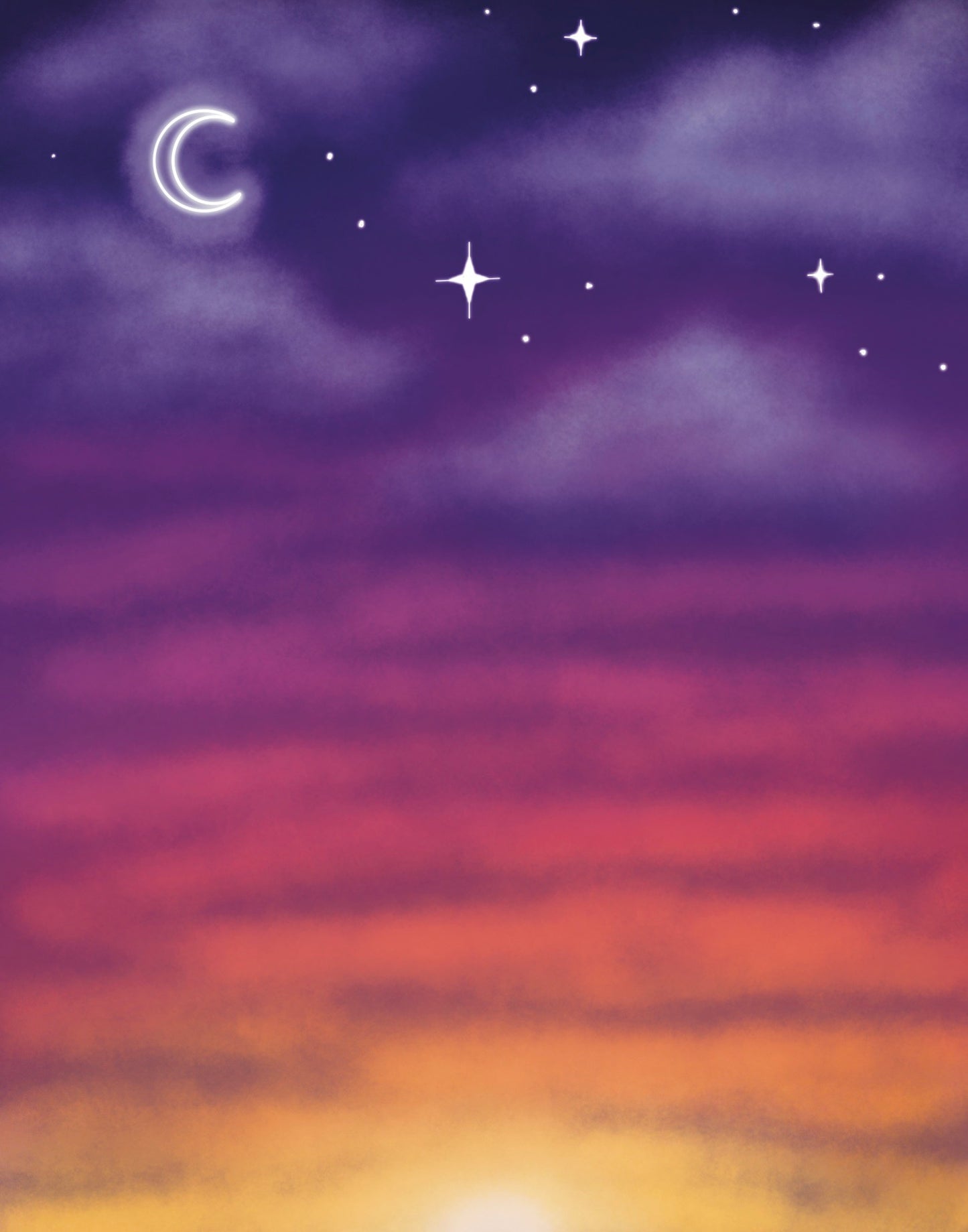 Colorful sky with stars and a crescent moon