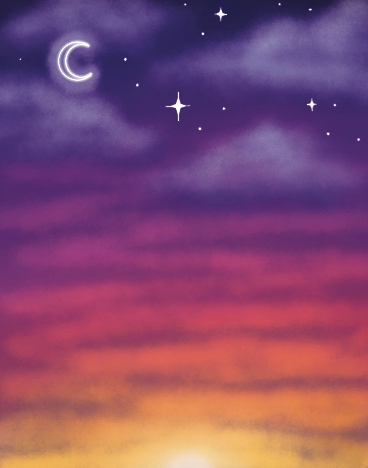Colorful sky with stars and a crescent moon