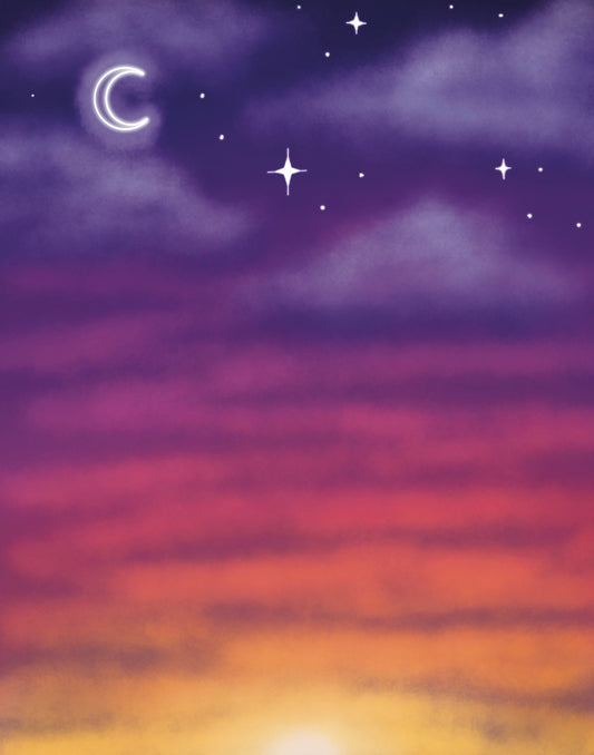 Colorful sky with stars and a crescent moon