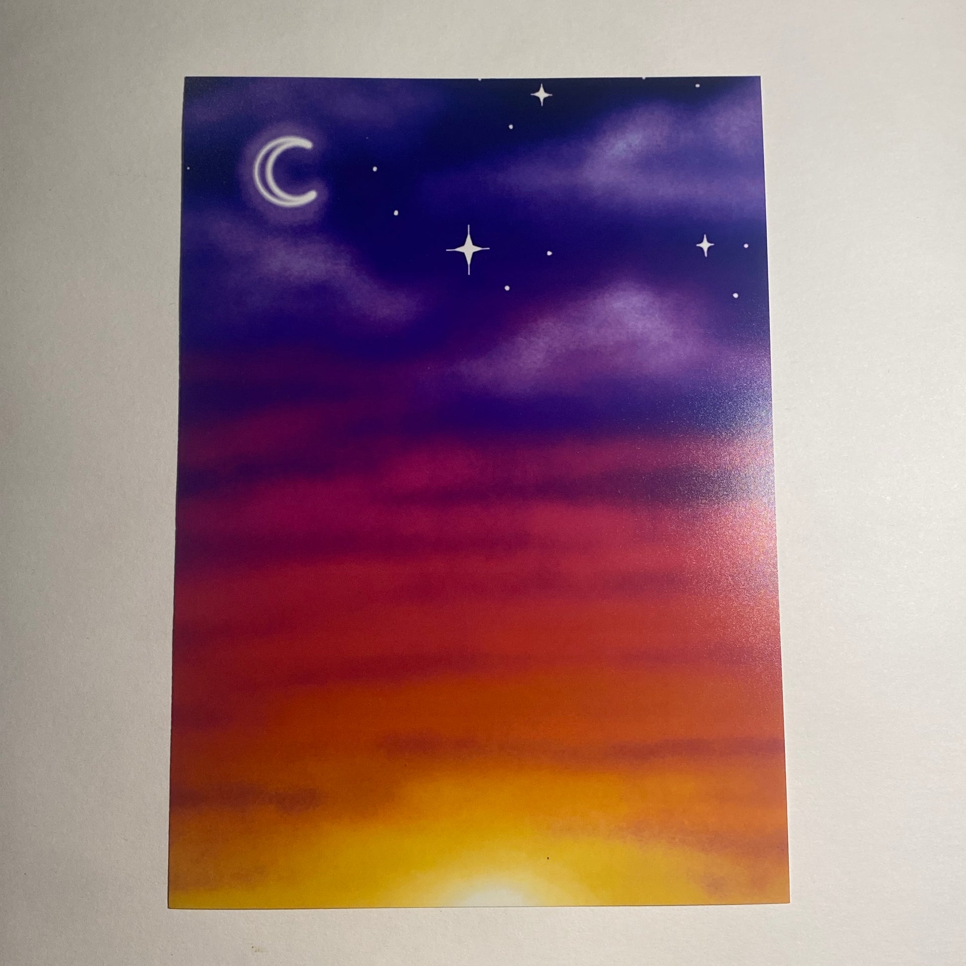 Digital painting of a night sky with stars and a crescent moon as a print.