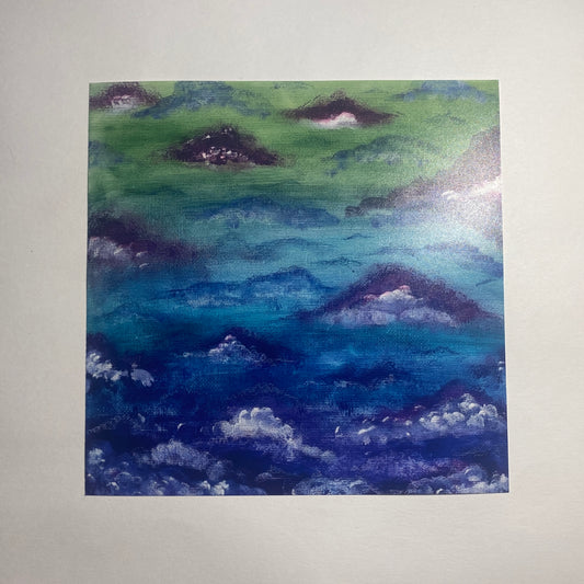 Original on canvas, painting of purple and blue clouds on a lime green to dark blue gradient