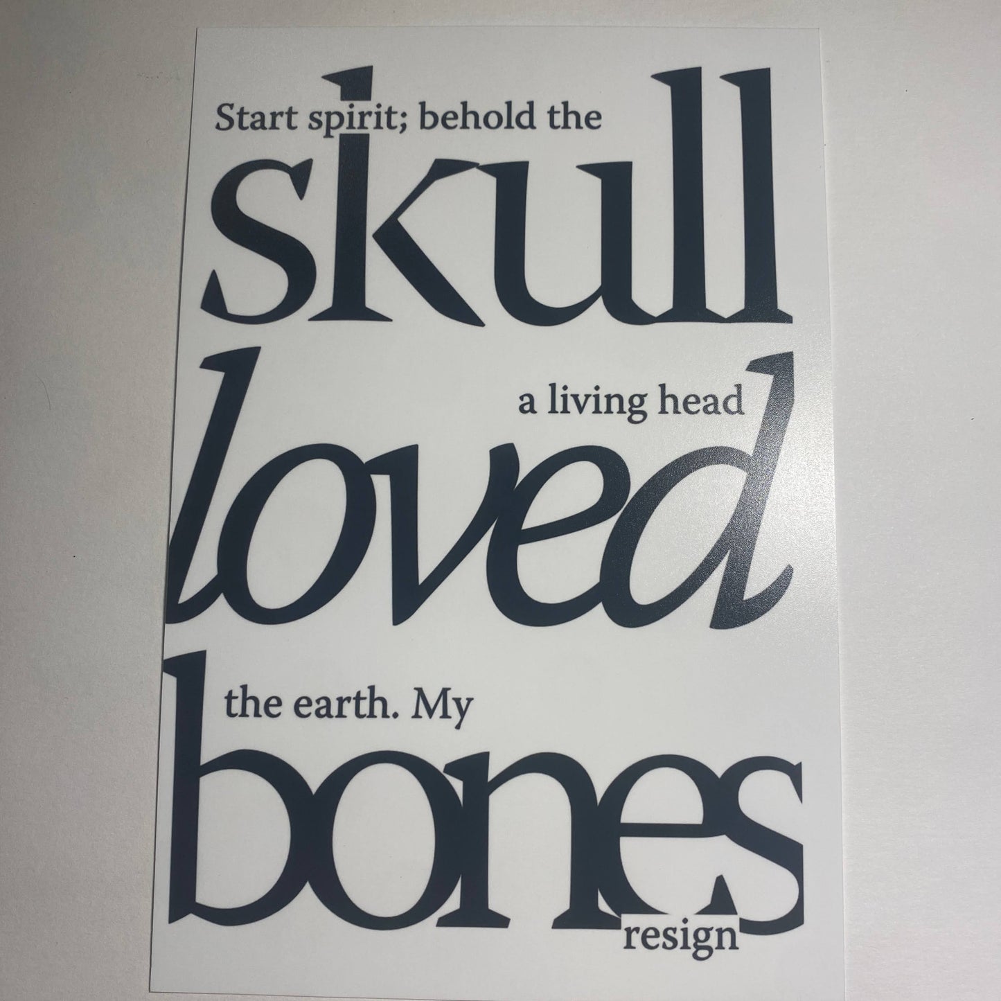 Textual design with black text on a white background, Quote "Start spirit; behold the skull a living head loved the earth. My bones resign."