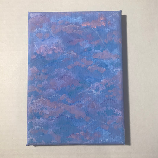 Short lines of white colored pencil run diagonally across muted blue and purple clouds filling the entire background, appearing like light seeping through.